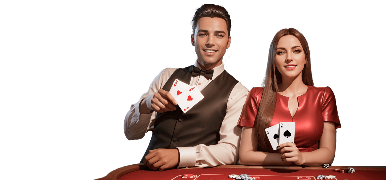 Male and female dealers at a professional poker table in the Live Casino Boomerang section