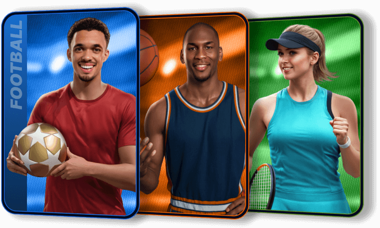 Triptych of athletes representing soccer, basketball, and tennis for sports betting bonuses