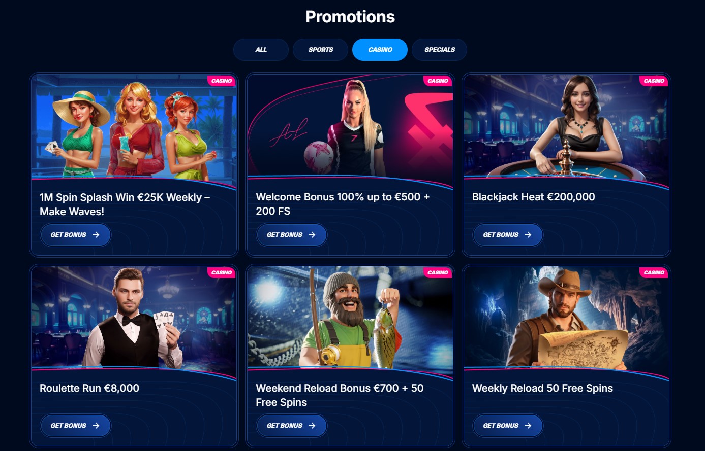 Screenshot of Boomerang Casino's weekly promotions page