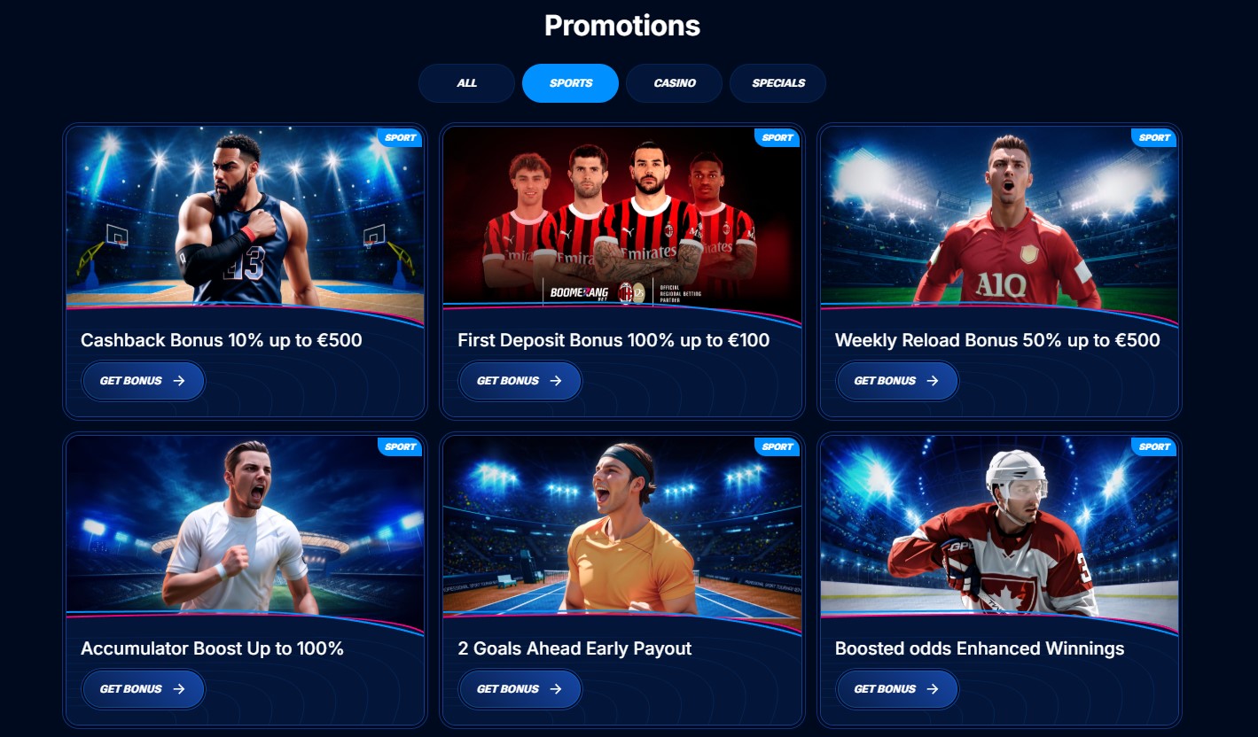 Screenshot of the sports promotions page showing Early Payout and Accumulator Boost features