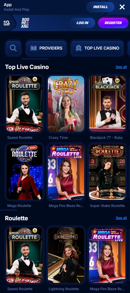 Boomerang Casino live blackjack lobby on mobile