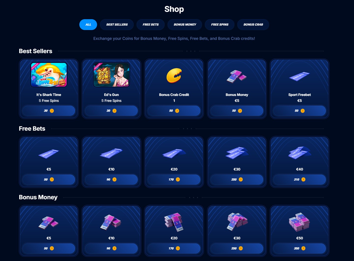 The Boomerang Casino Bonus Shop where players can redeem loyalty coins